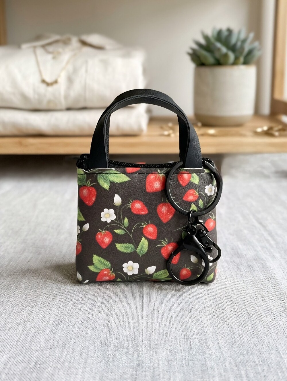 Strawberry Print Mini Tote Keychain - Black